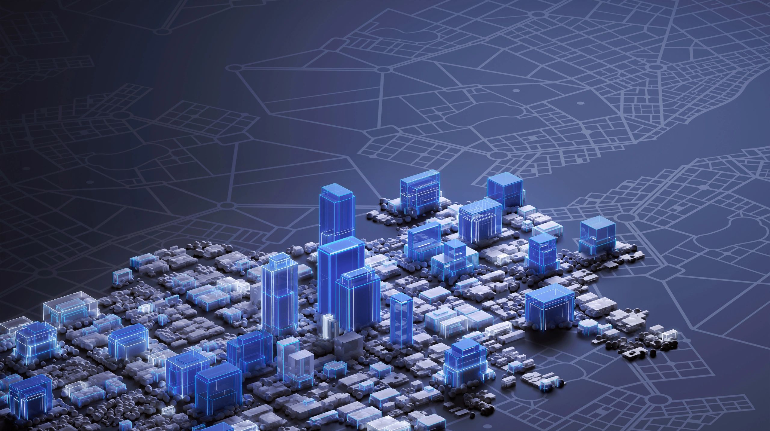 Abstract illuminated business district representing digital advertising performance and growth