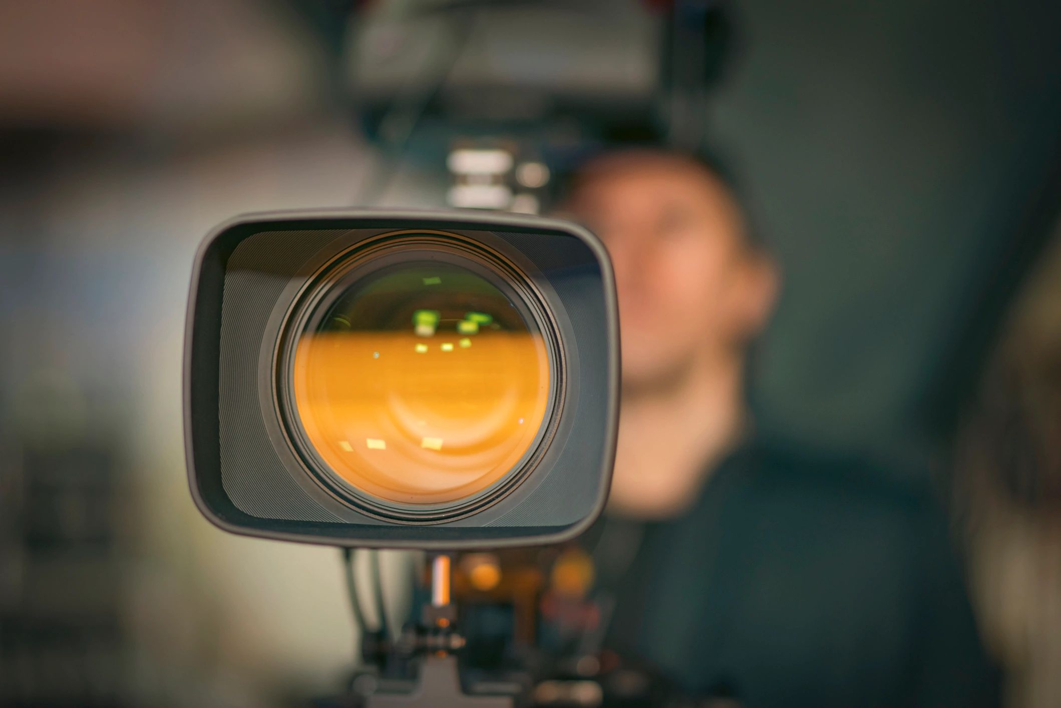 Close-up of a professional broadcast camera lens