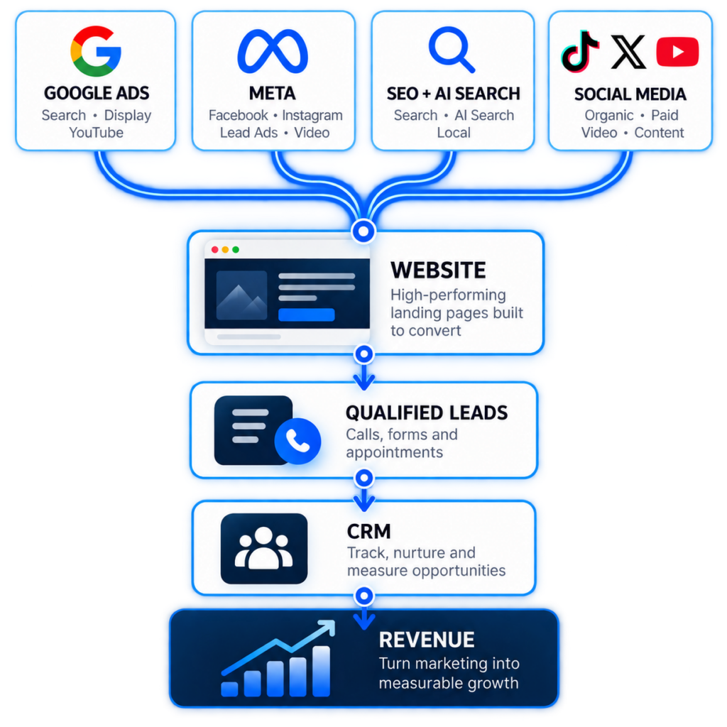 Performance marketing flow showing Google Ads, Meta, SEO and AI search, and social media driving website traffic, qualified leads, CRM opportunities, and revenue.